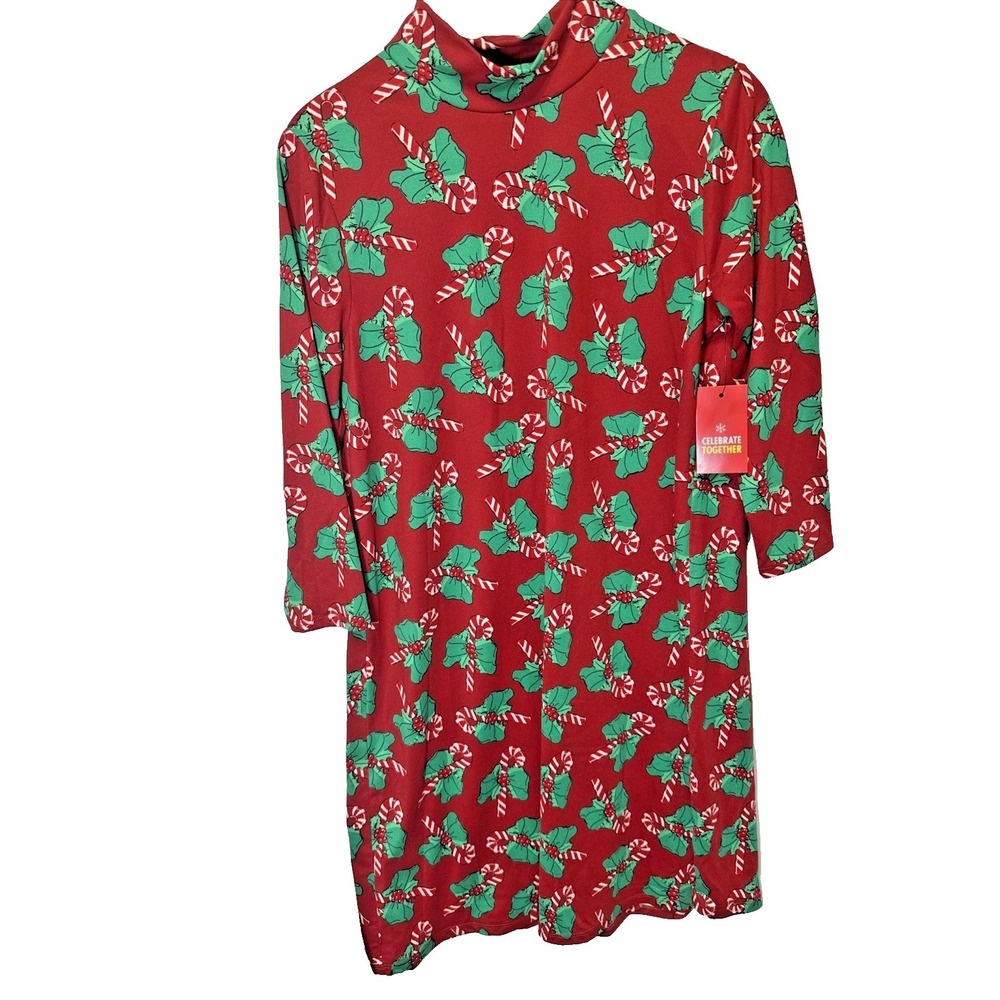 Kohl's Celebrate Together Mock Turtle Neck Red Dress With Candy Canes XS NWT